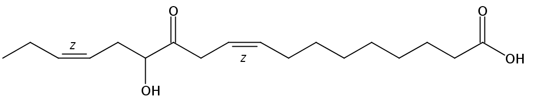 13-Hydroxy-12-oxo-9(Z),15(Z)-octadecadienoic acidの構造式