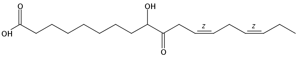 9-Hydroxy-10-oxo-12(Z),15(Z)-octadecadienoic acidの構造式