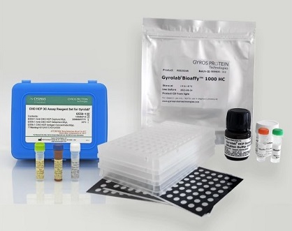 CHO HCP 3G Assay Reagent Set for Gyrolab（#G550-1）（左）とGyrolab Bioaffy 1000 HC Assay Toolbox（Gyros Protein Technologies社 カタログ番号：P0020667）(右）
