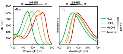 LipiDye<sup>®</sup>-Mの周囲の分子極性による蛍光特性の変化
