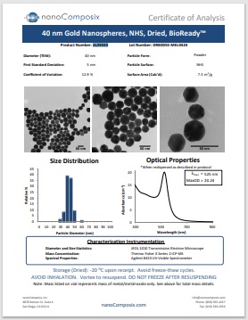 BioReady Gold Nanospheres-NHS（Dried Kit）（#AUNR40）の試験成績書の例
