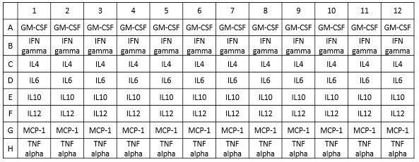 Human M1/M2/MDSC Cytokine Multiplex ELISA Kitのプレートにコートされた抗体一覧