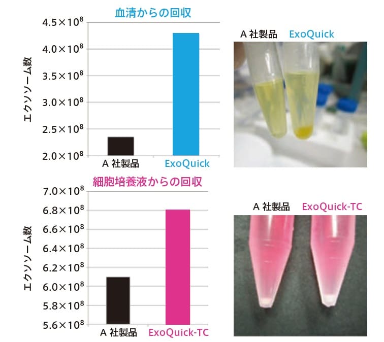 エクソソーム回収試薬ExoCuickと他社製品のエクソソーム収量比較